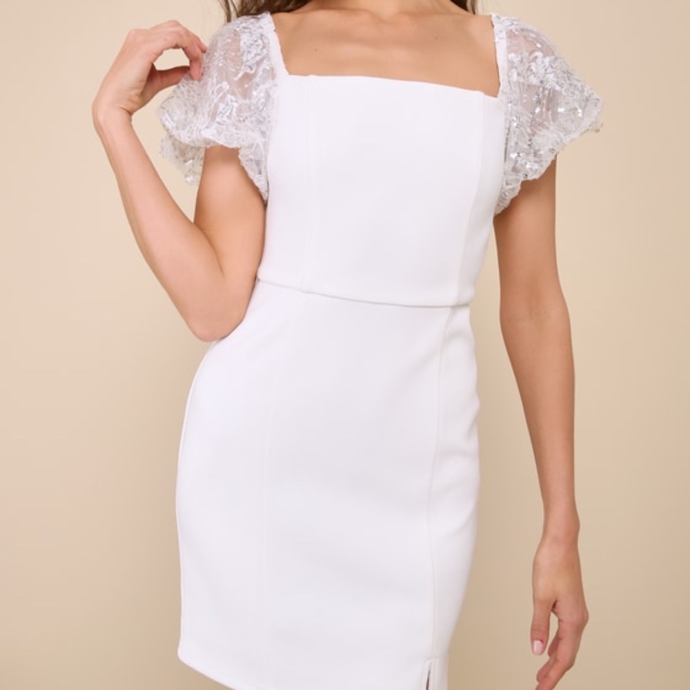 Lulus Sparkly Charisma White Sequin Off-the-shoulder Mini Dress - Size M